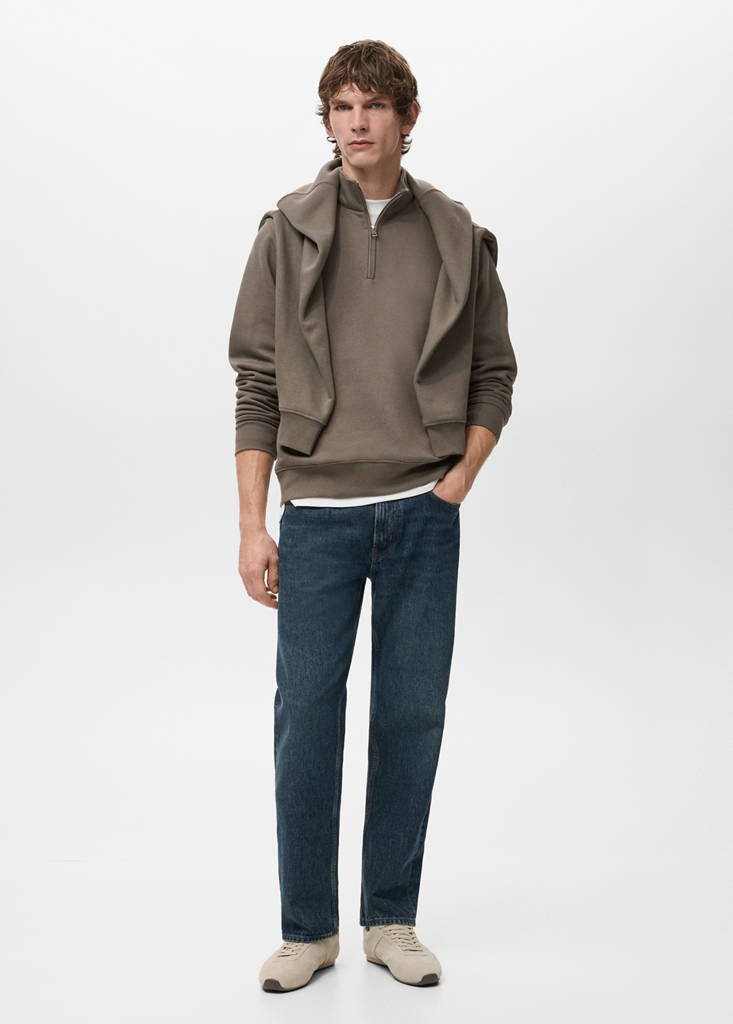 Zip-neck sweatshirt with a soft-touch interior — Medium Brown