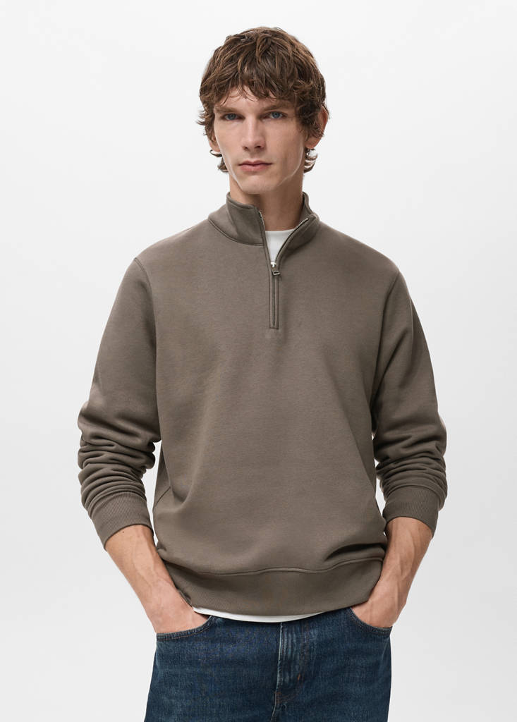 Zip-neck sweatshirt with a soft-touch interior — Medium Brown