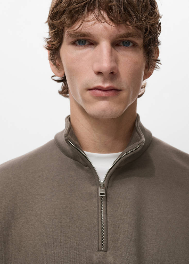 Zip-neck sweatshirt with a soft-touch interior — Medium Brown