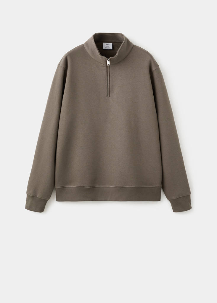 Zip-neck sweatshirt with a soft-touch interior — Medium Brown