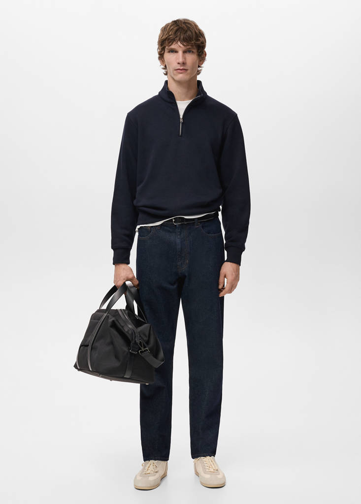 Zip-neck sweatshirt with a soft-touch interior — Navy