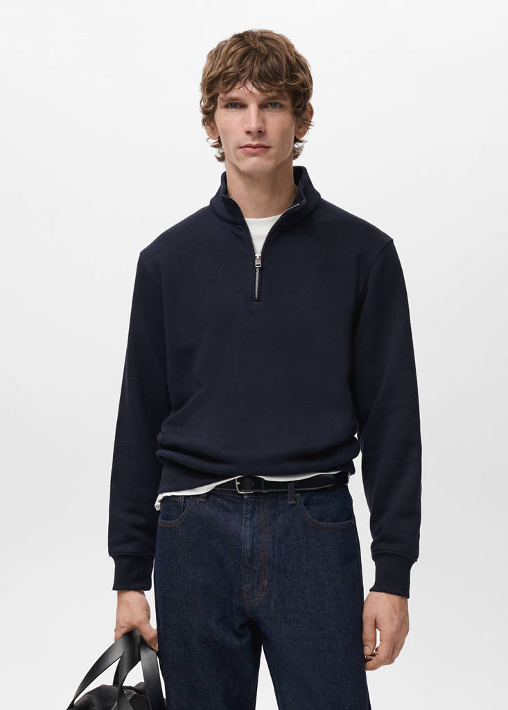 Zip-neck sweatshirt with a soft-touch interior — Navy