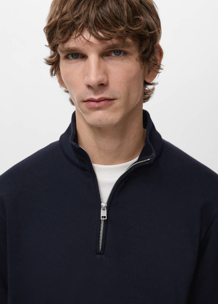 Zip-neck sweatshirt with a soft-touch interior — Navy