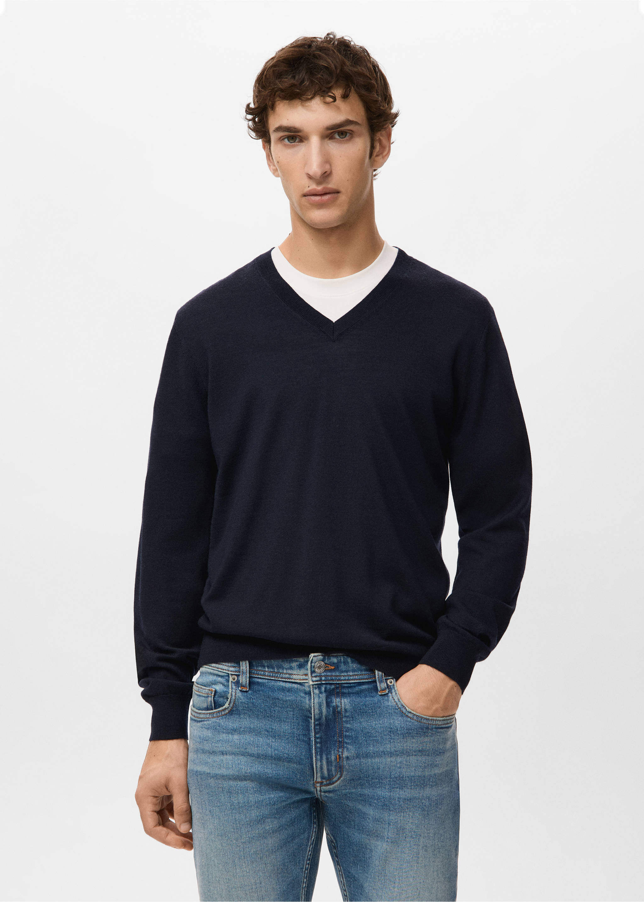 100% merino wool V-neck sweater - Medium plane, Navy. Ref: 27021289-00.