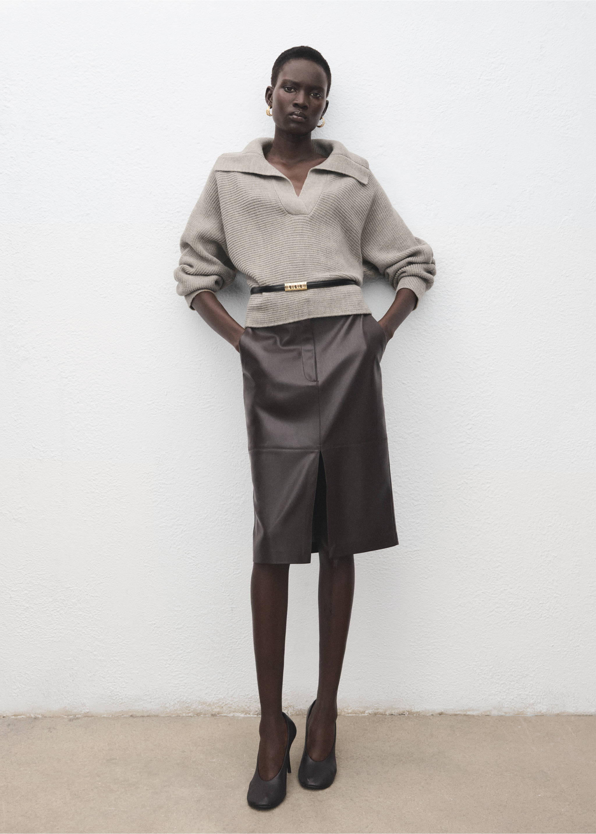 Pull-over maille côtelée col polo - Plan général, Gris clair/pastel. Ref: 27021309-00.