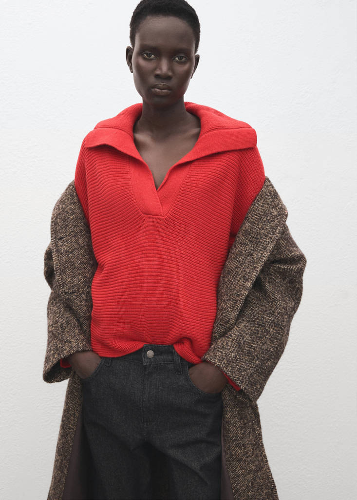 Polo-neck ribbed sweater — Red
