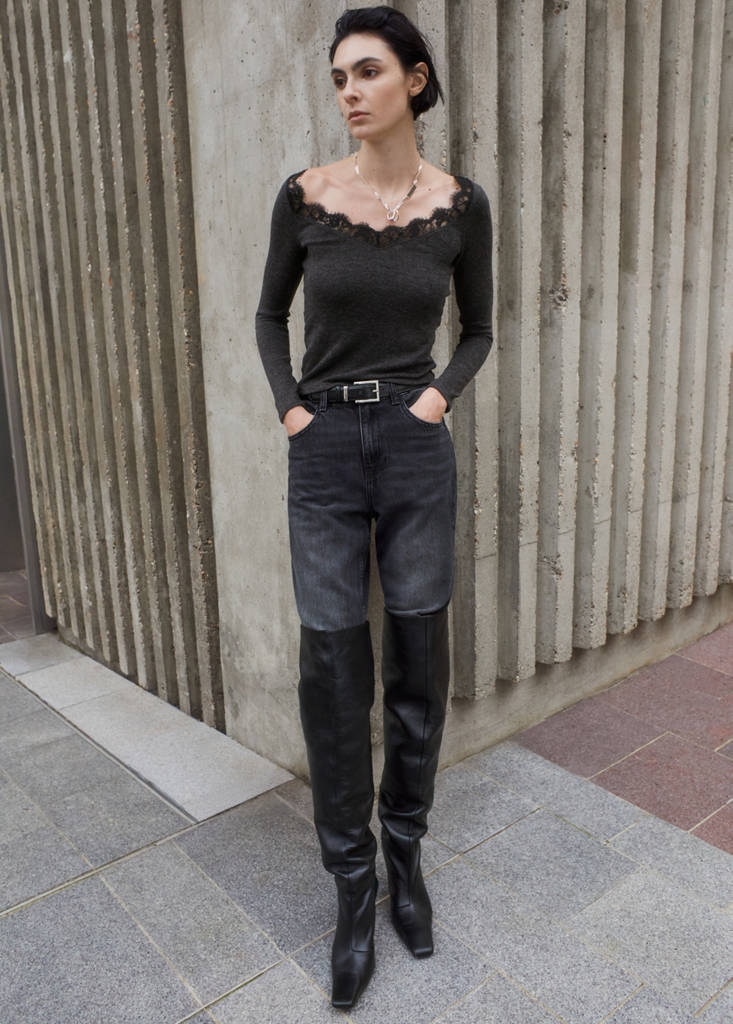 Lace-trimmed scoop-neck top — Medium Heather Grey