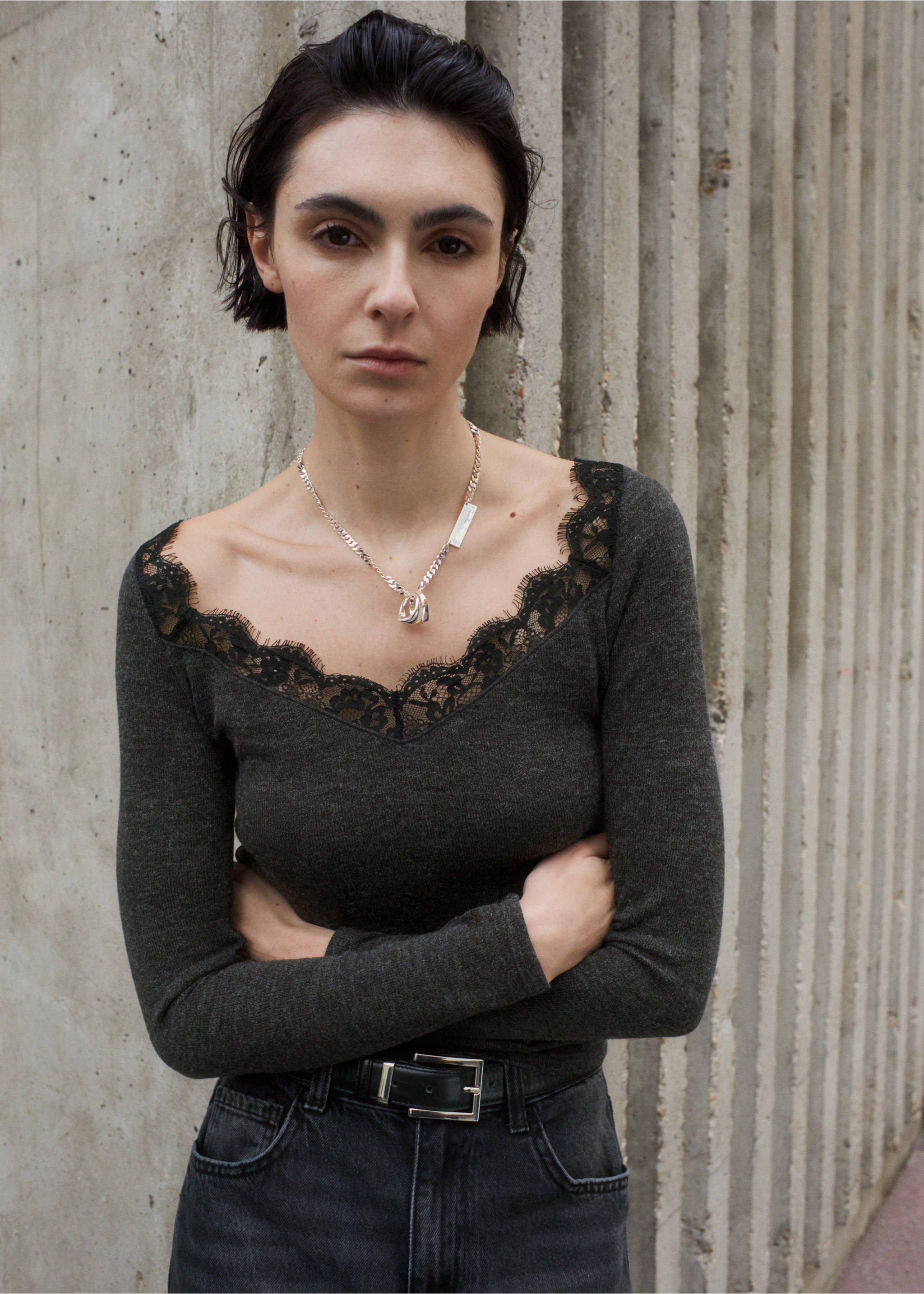 Lace-trimmed scoop-neck top - Medium plane, Medium Heather Grey. Ref: 27021540-00.