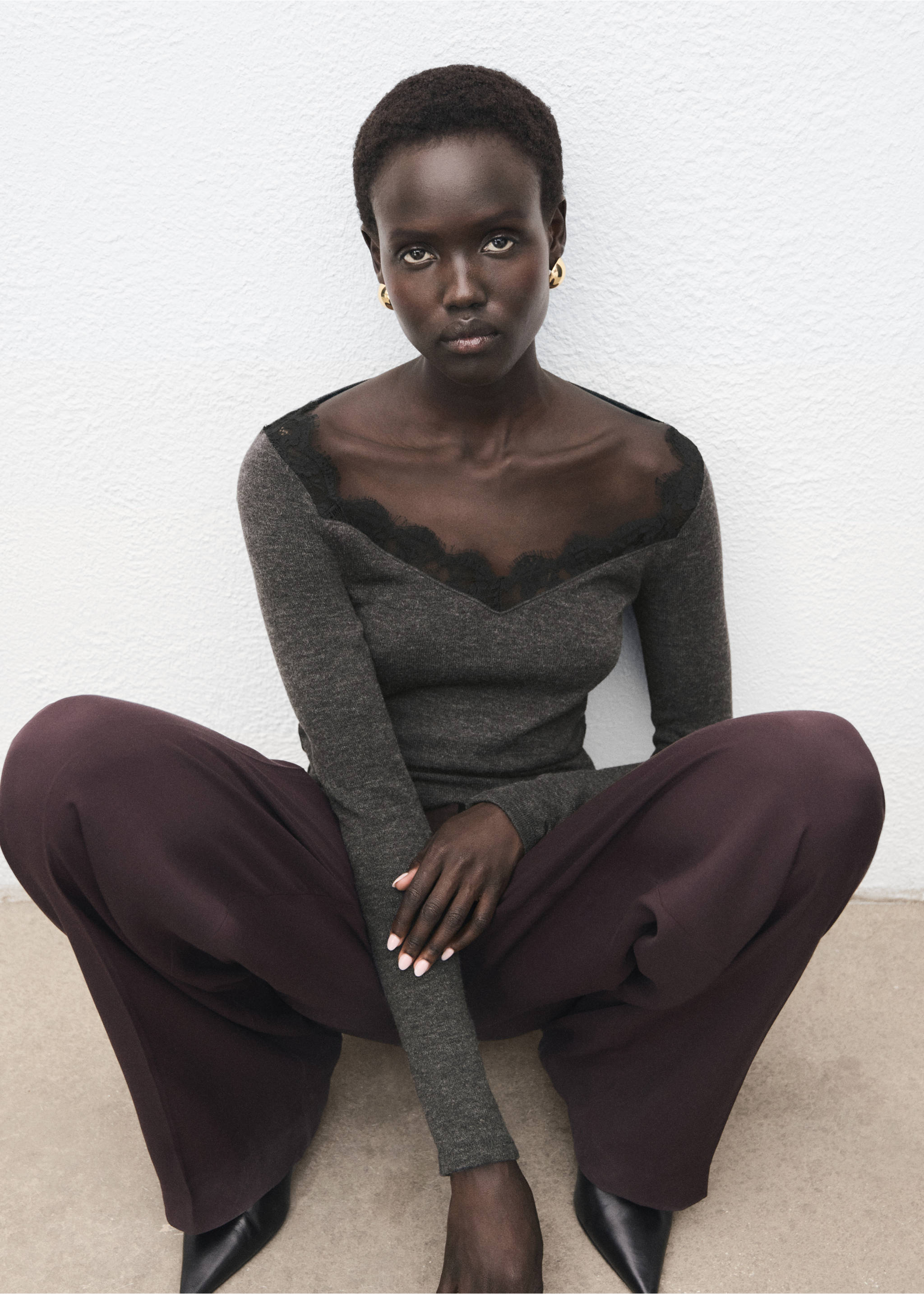 Lace-trimmed scoop-neck top - Details of the article 2, Medium Heather Grey. Ref: 27021540-00.