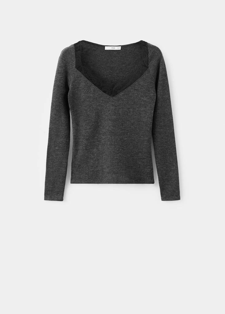 Lace-trimmed scoop-neck top — Medium Heather Grey