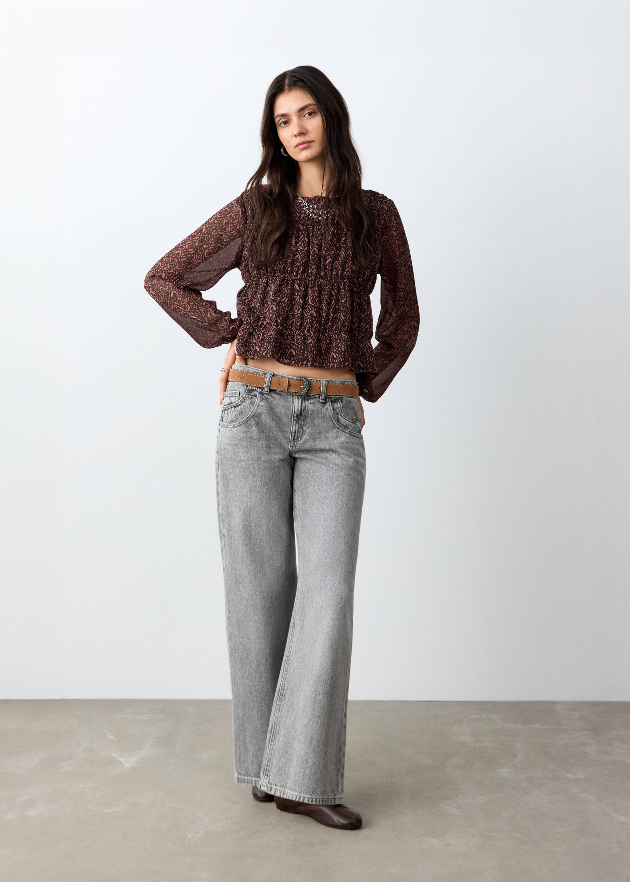 بلوزة مطبوعة بكشكشة - رؤية عامة, بني. Ref: 27021542-00.