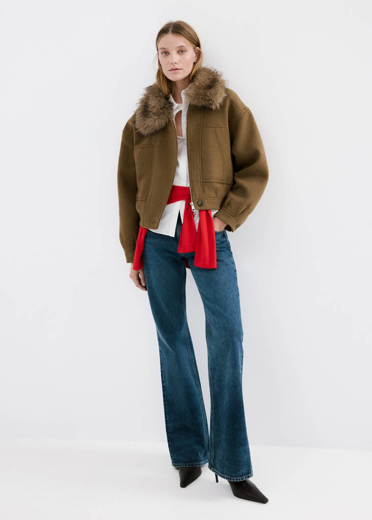 Wool blend jacket with fur collar — Brown