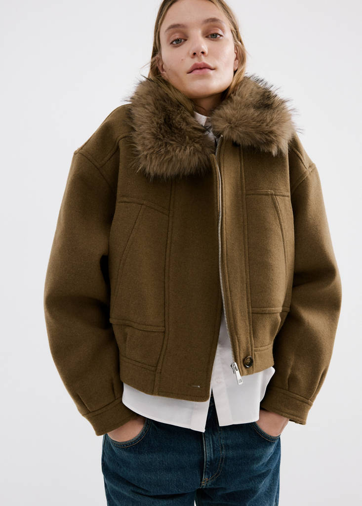 Wool blend jacket with fur collar — Brown