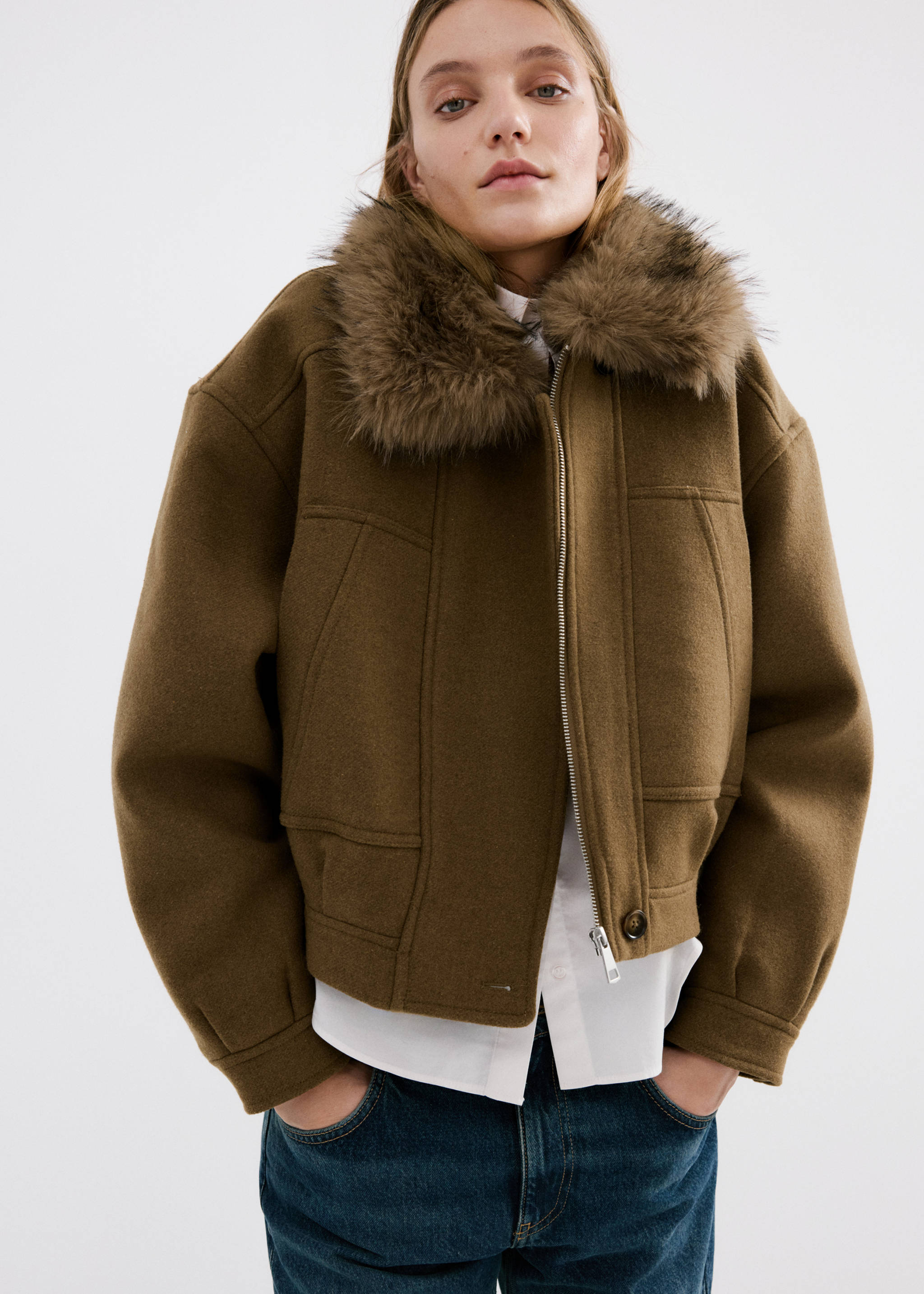 Wool blend jacket with fur collar - Medium plane
