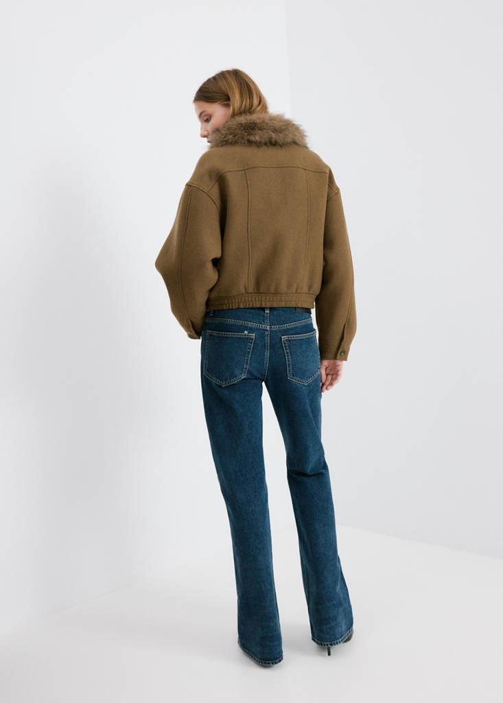 Wool blend jacket with fur collar — Brown