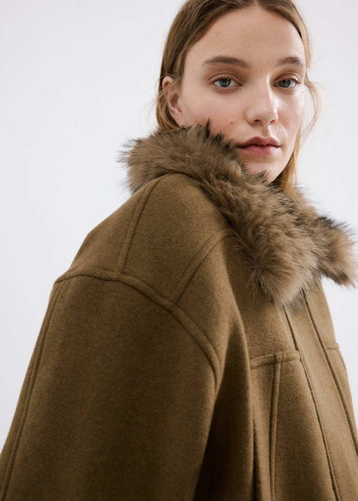 Wool blend jacket with fur collar — Brown