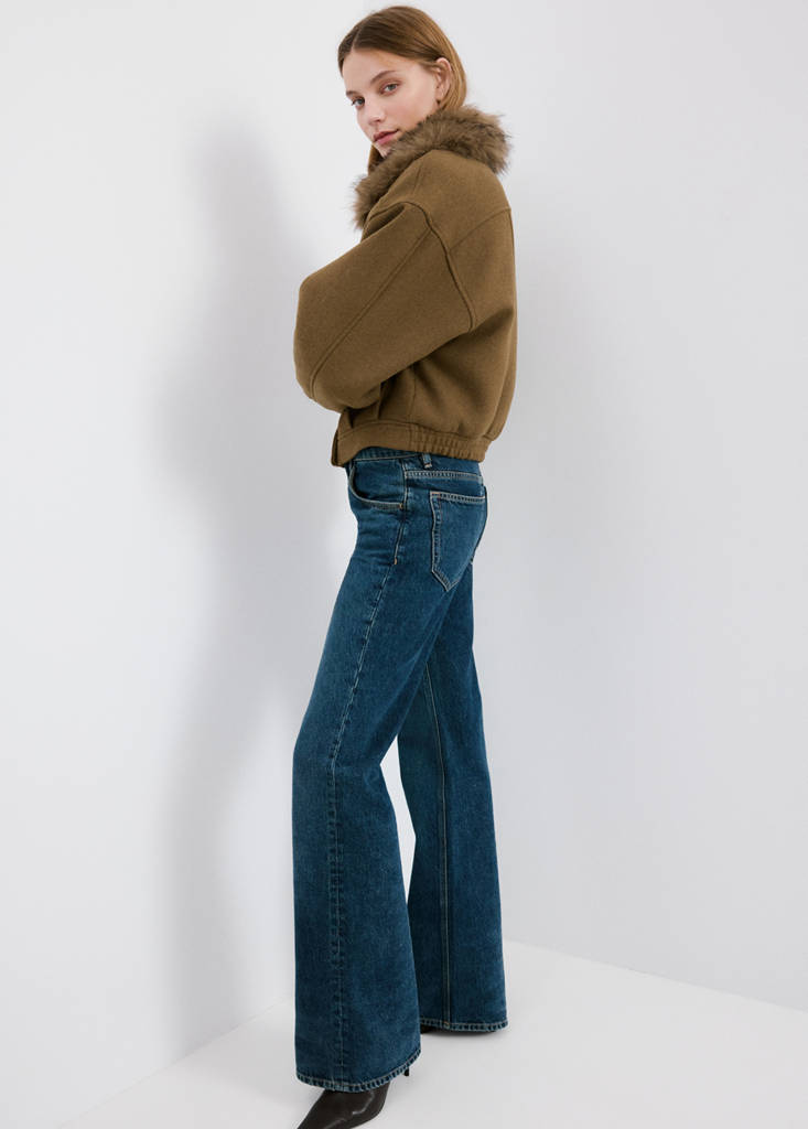 Wool blend jacket with fur collar — Brown