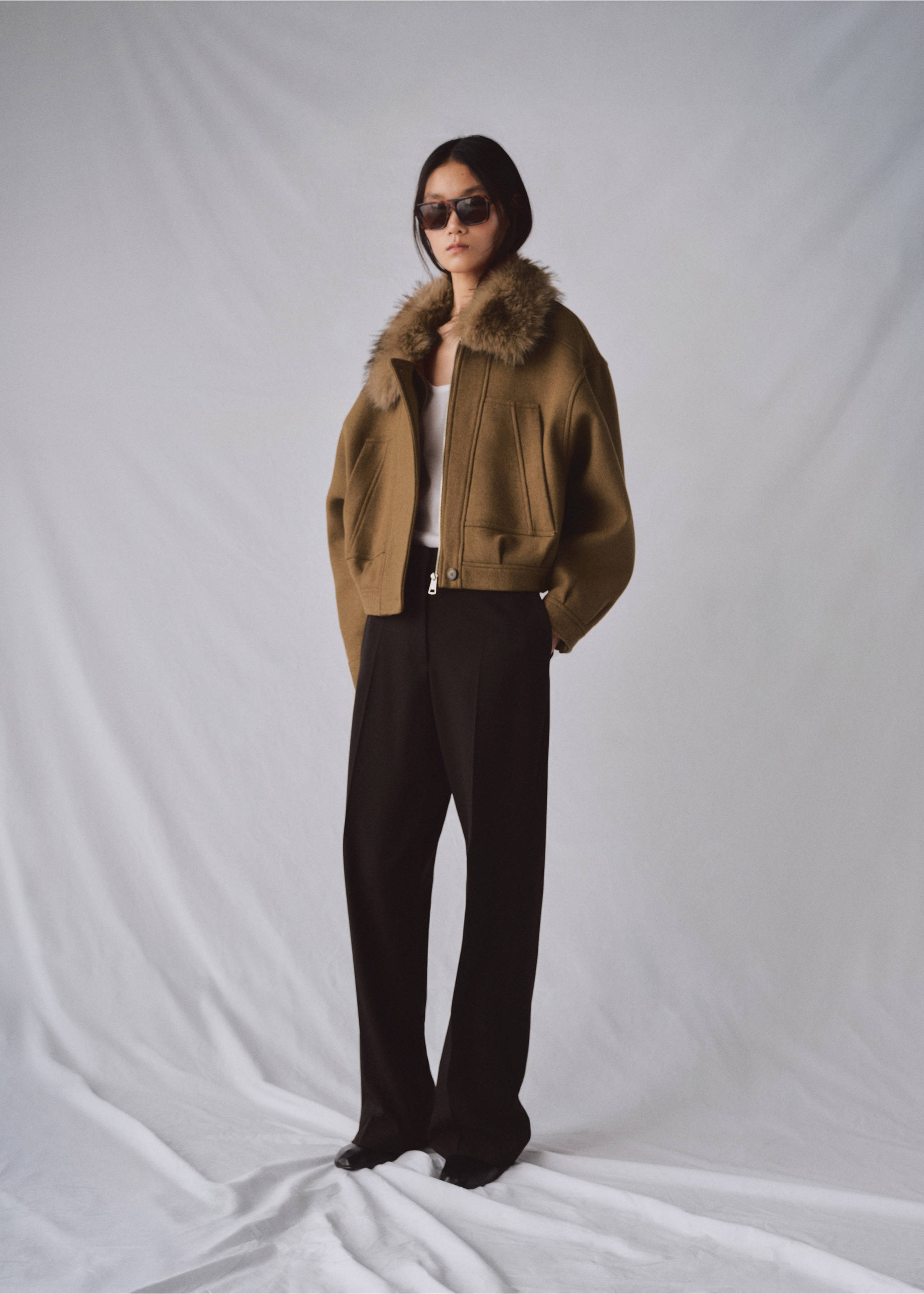 Veste laine mélangée col en fausse fourrure - Plan général, Marron. Ref: 27022538-01.