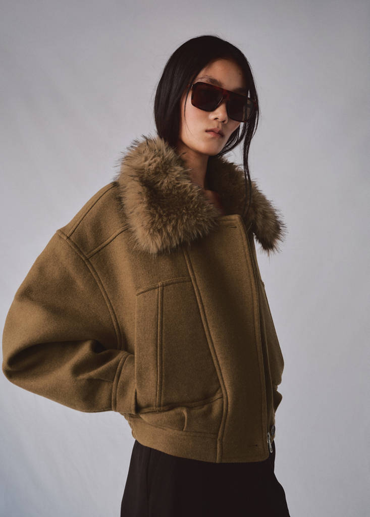 Wool blend jacket with fur collar — Brown