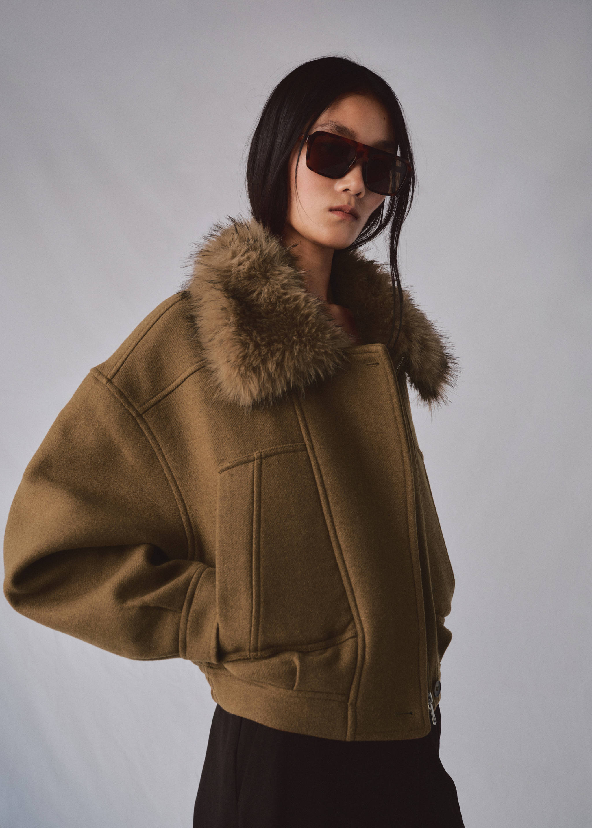 羊毛混纺毛领外套 - null