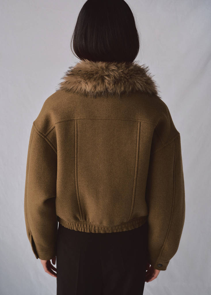 Wool blend jacket with fur collar — Brown
