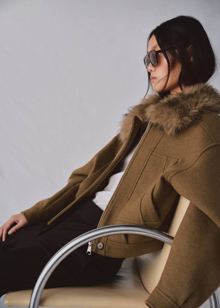 Wool blend jacket with fur collar — Brown