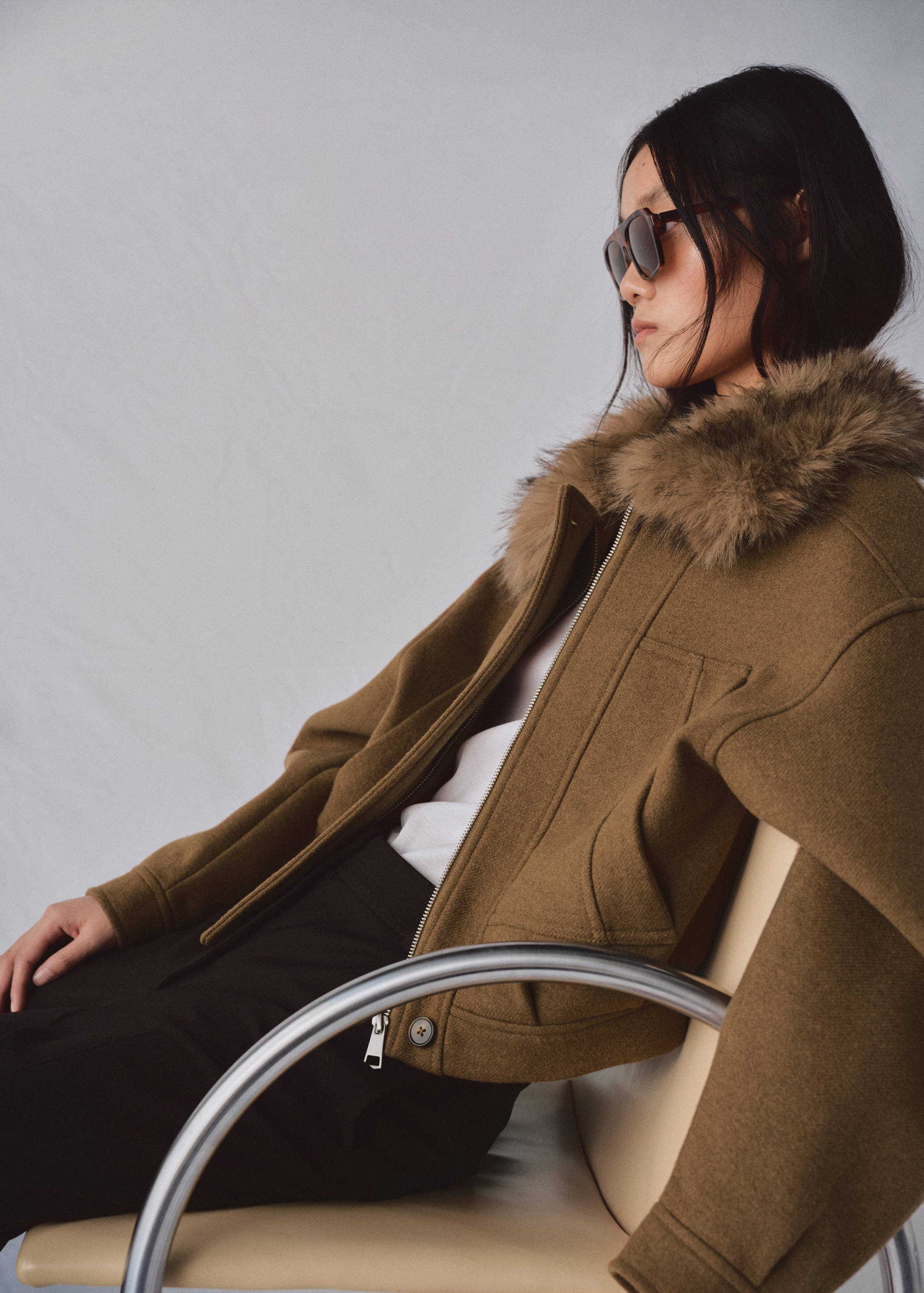 羊毛混纺毛领外套 - null