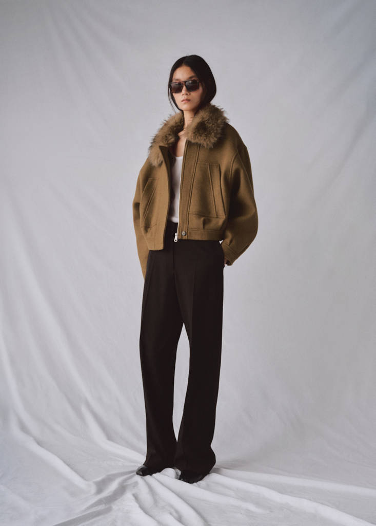 Wool blend jacket with fur collar — Brown