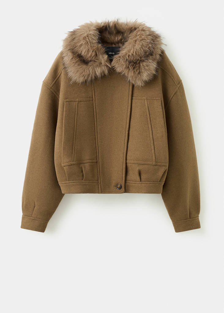 Wool blend jacket with fur collar — Brown