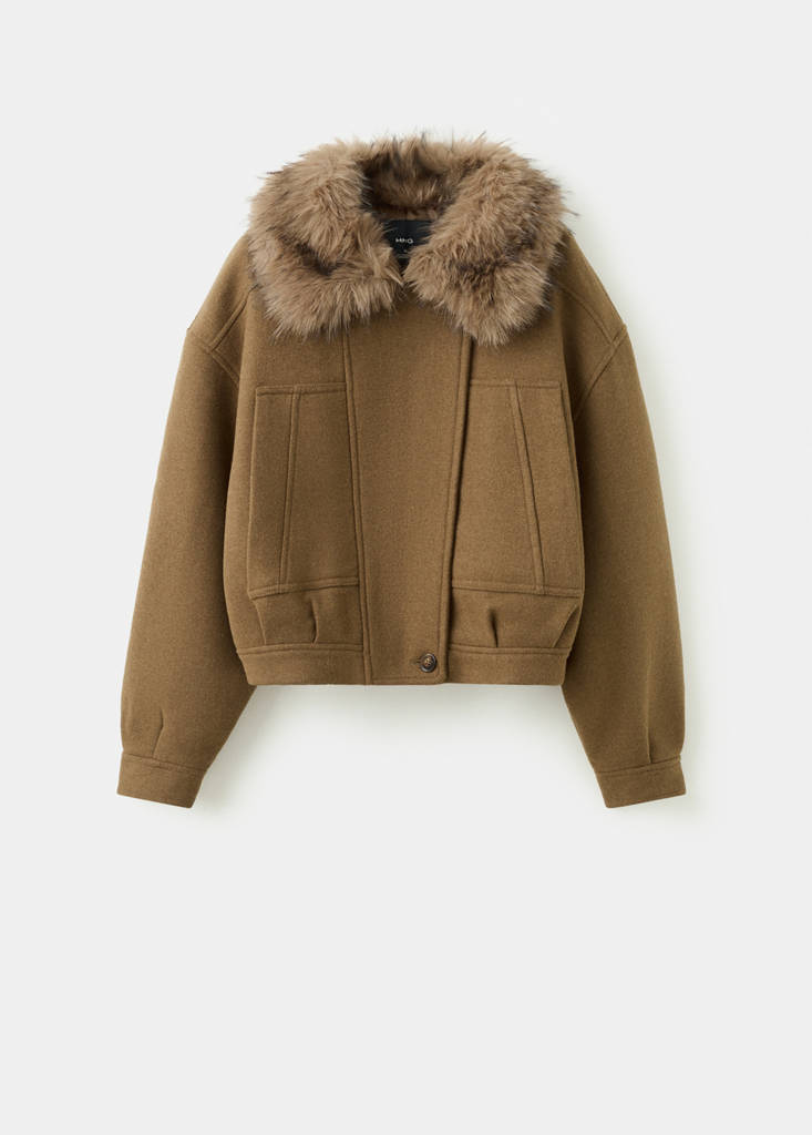 Wool blend jacket with fur collar — Brown
