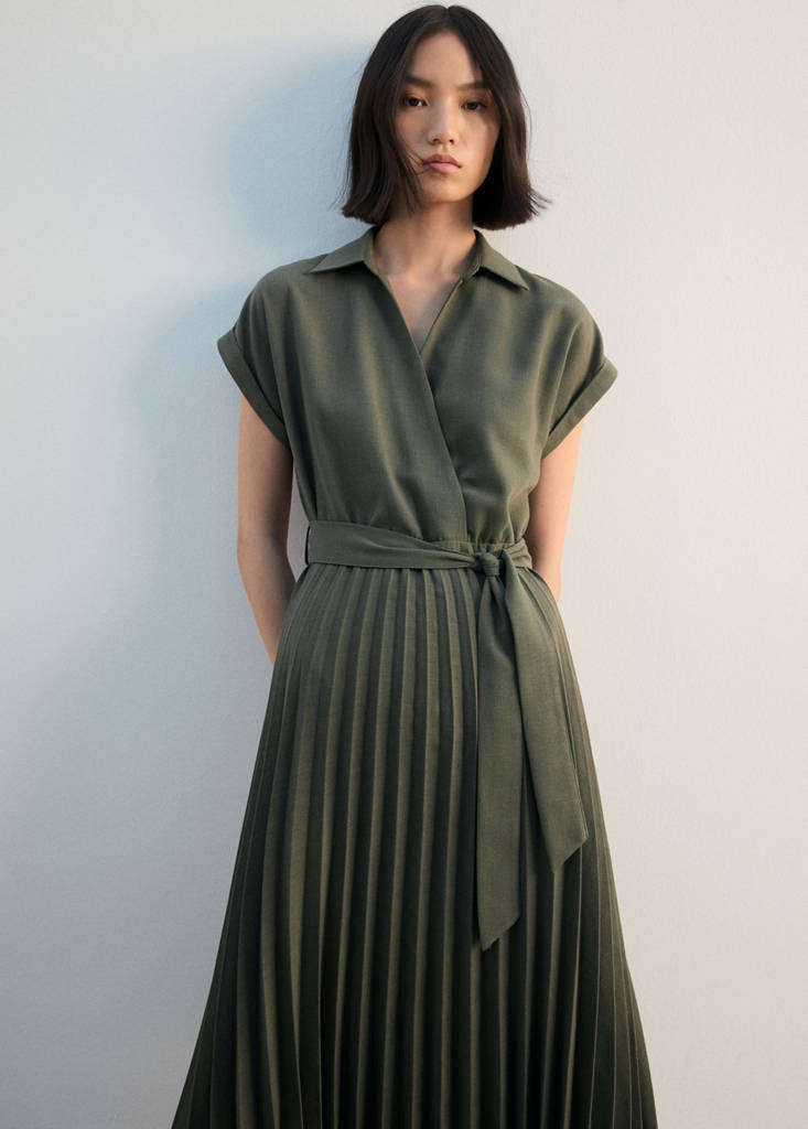 Pleated shirt dress — Khaki