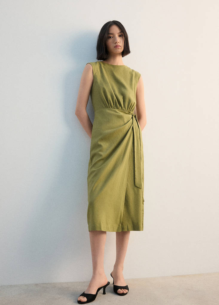 Linen wrap dress — Olive Green