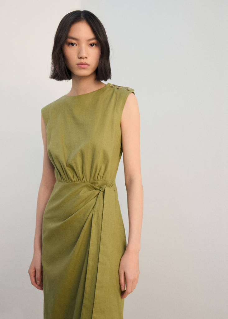 MANGO - Linen wrap Dress Olive Green - 4