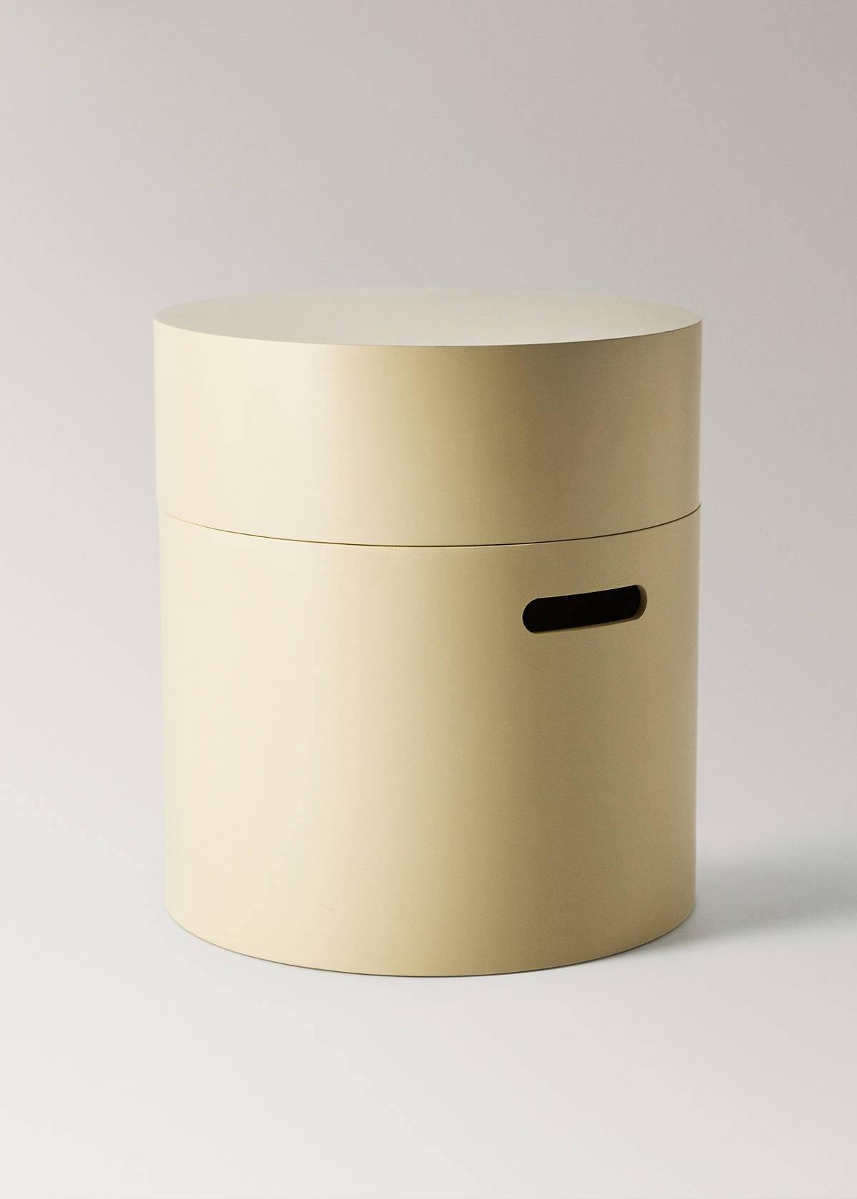 Wooden box with cylindrical lid and rectangular handle detail — Pastel Yellow