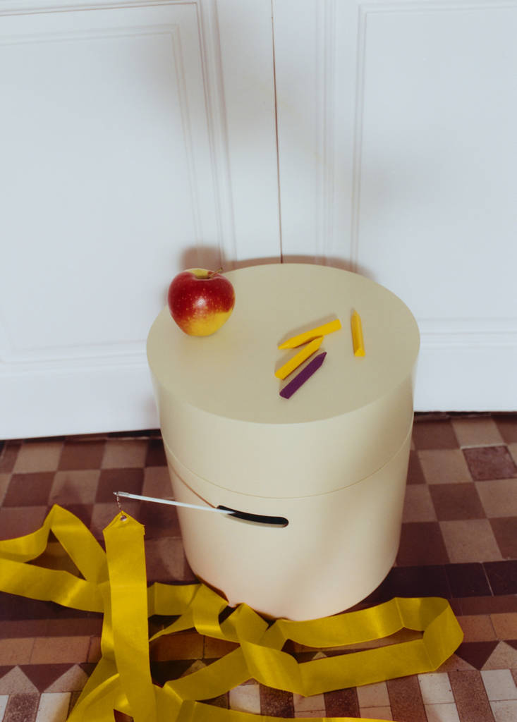 Wooden box with cylindrical lid and rectangular handle detail — Pastel Yellow