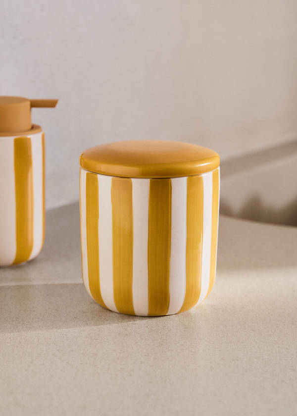 Ceramic bathroom jar with hand-painted stripes — Mustard