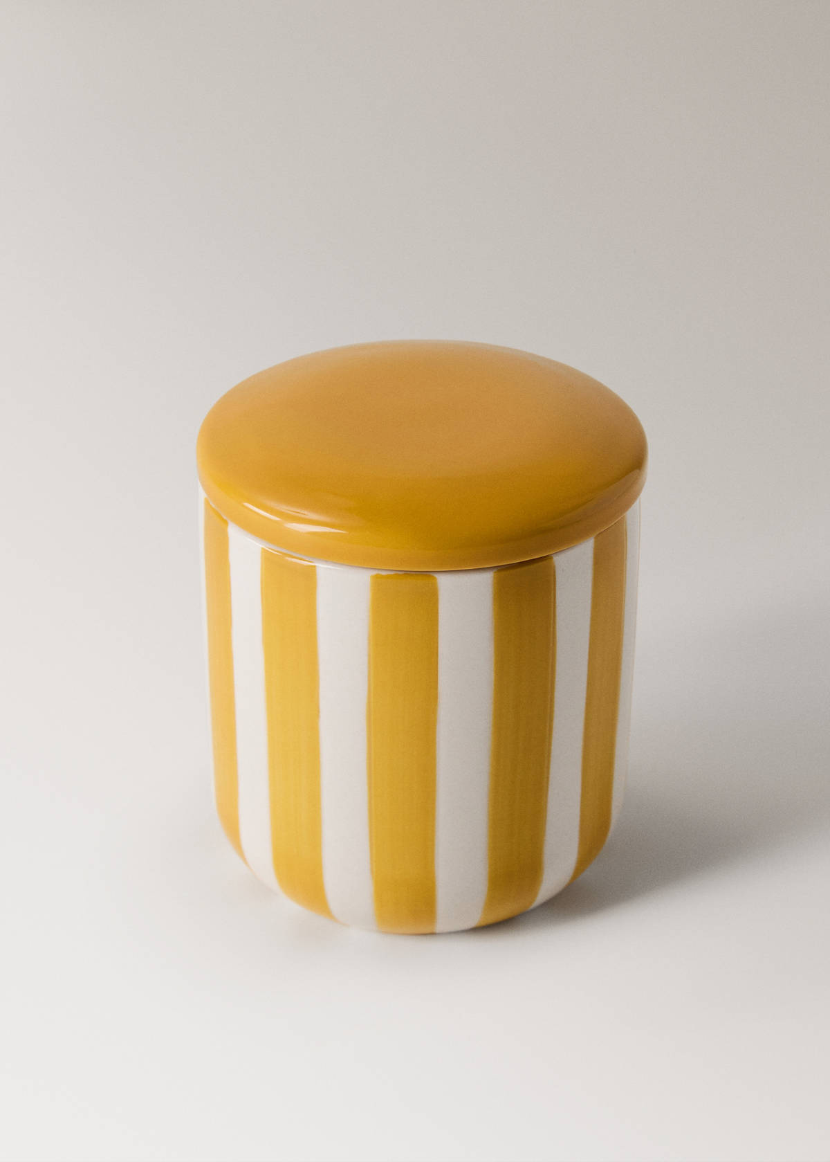 Ceramic bathroom jar with hand-painted stripes — Mustard