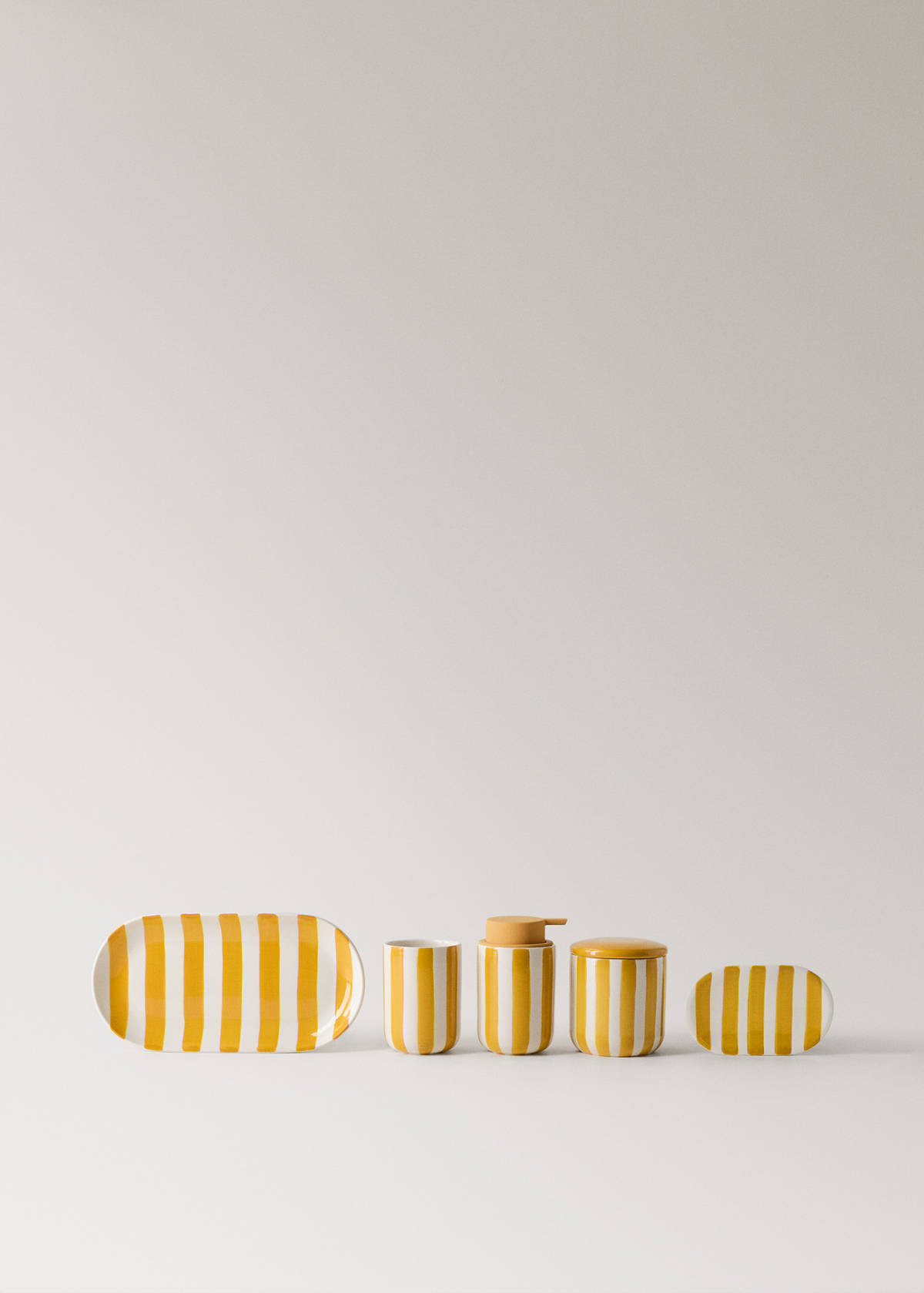 Ceramic bathroom jar with hand-painted stripes — Mustard