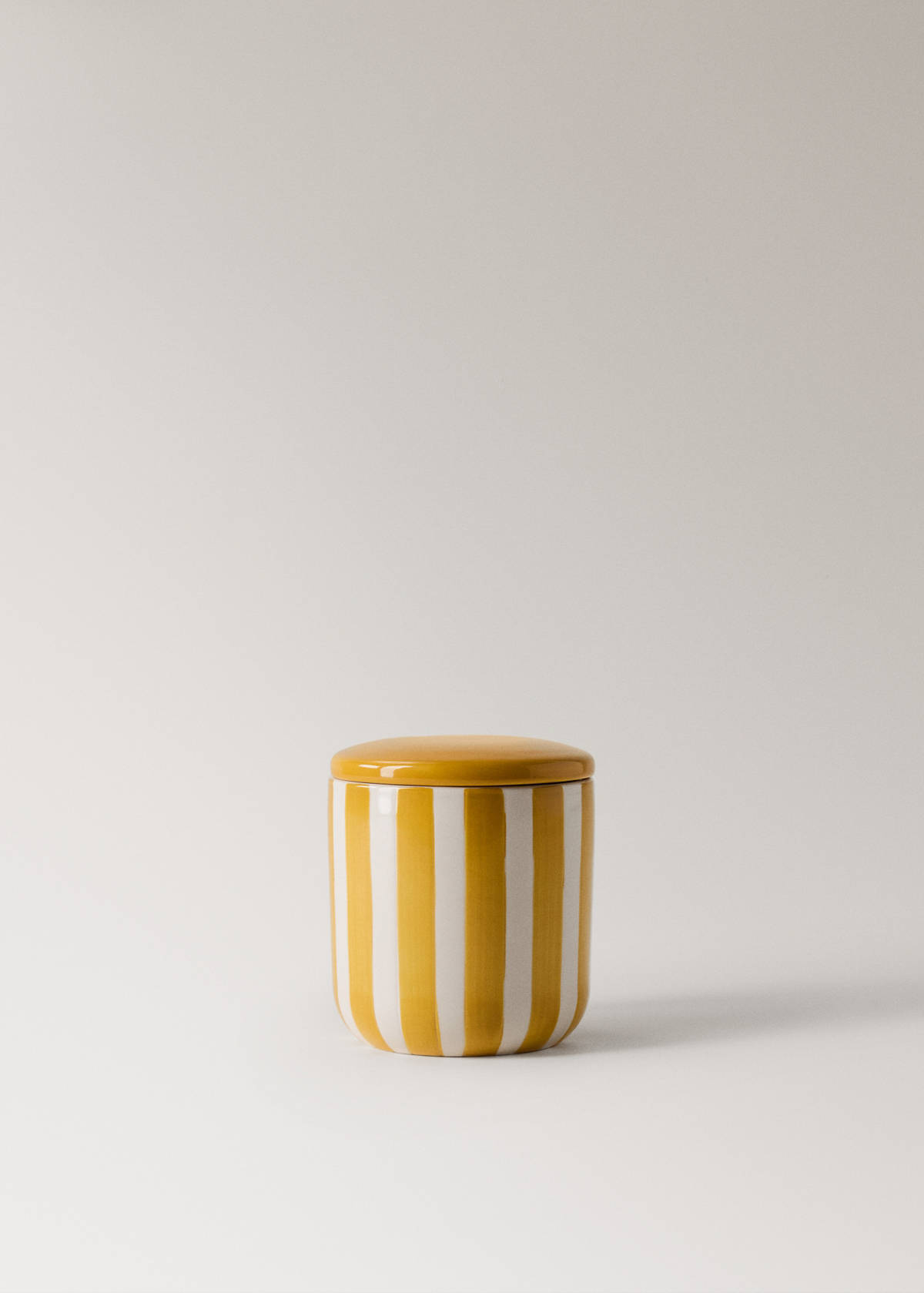 Ceramic bathroom jar with hand-painted stripes — Mustard
