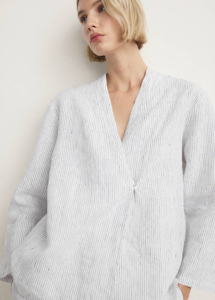 Long-sleeve striped linen pajama shirt