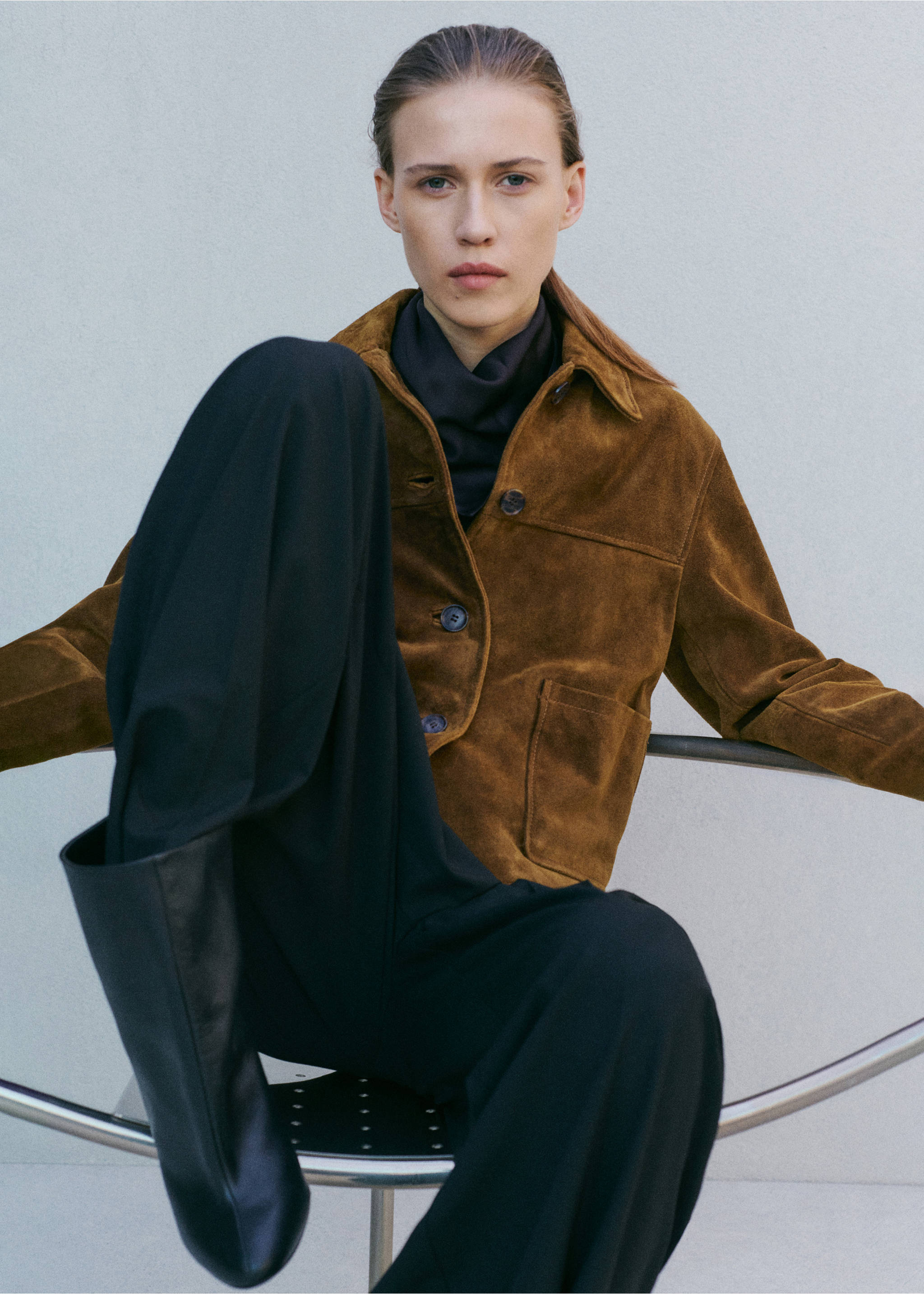 Veste en cuir fermeture par boutons - Plan moyen, Tabac. Ref: 27024045-01.