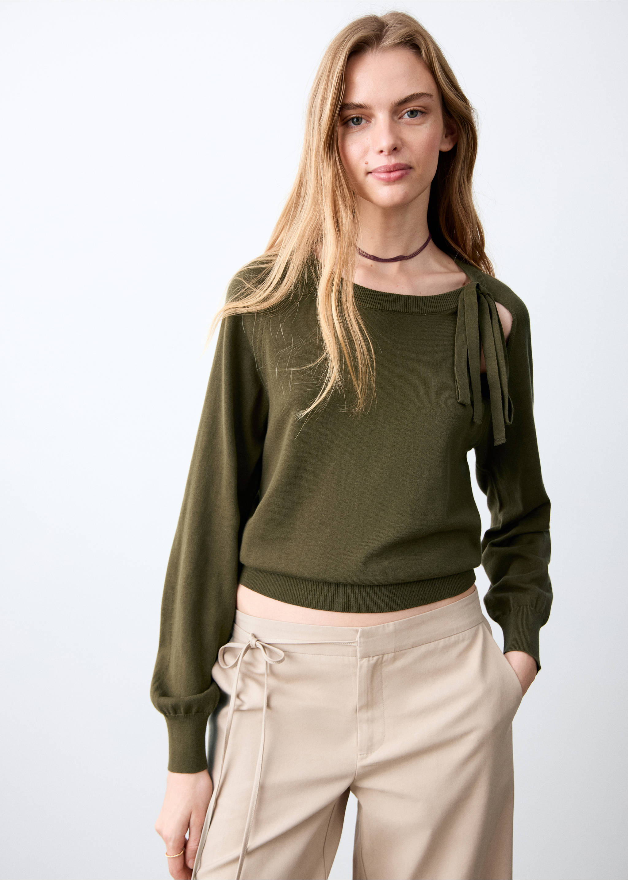 Bow knit sweater - Medium plane, Khaki. Ref: 27024050-00.