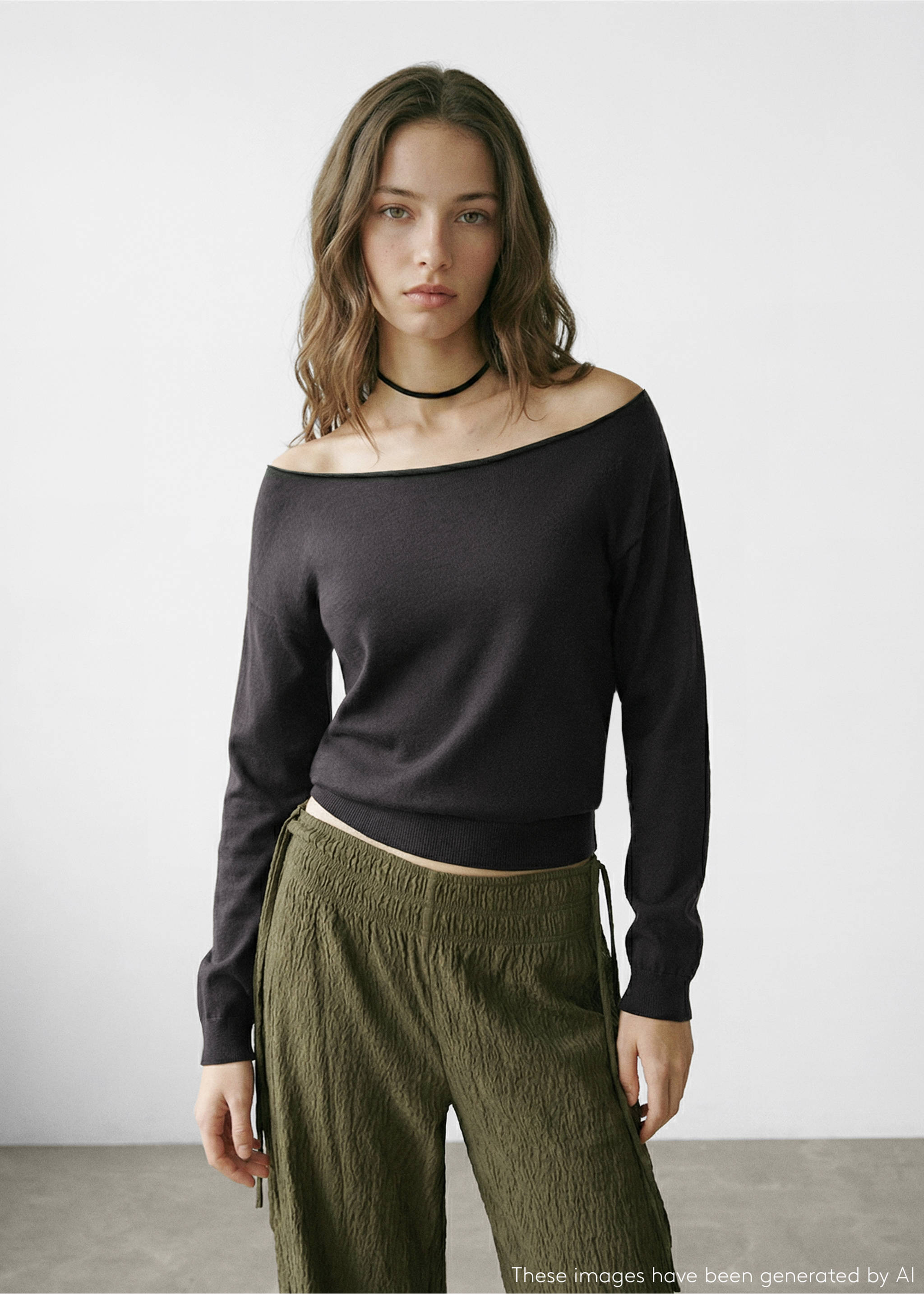 Off-the-shoulder knitted sweater - Medium plane, Charcoal. Ref: 27024051-00.