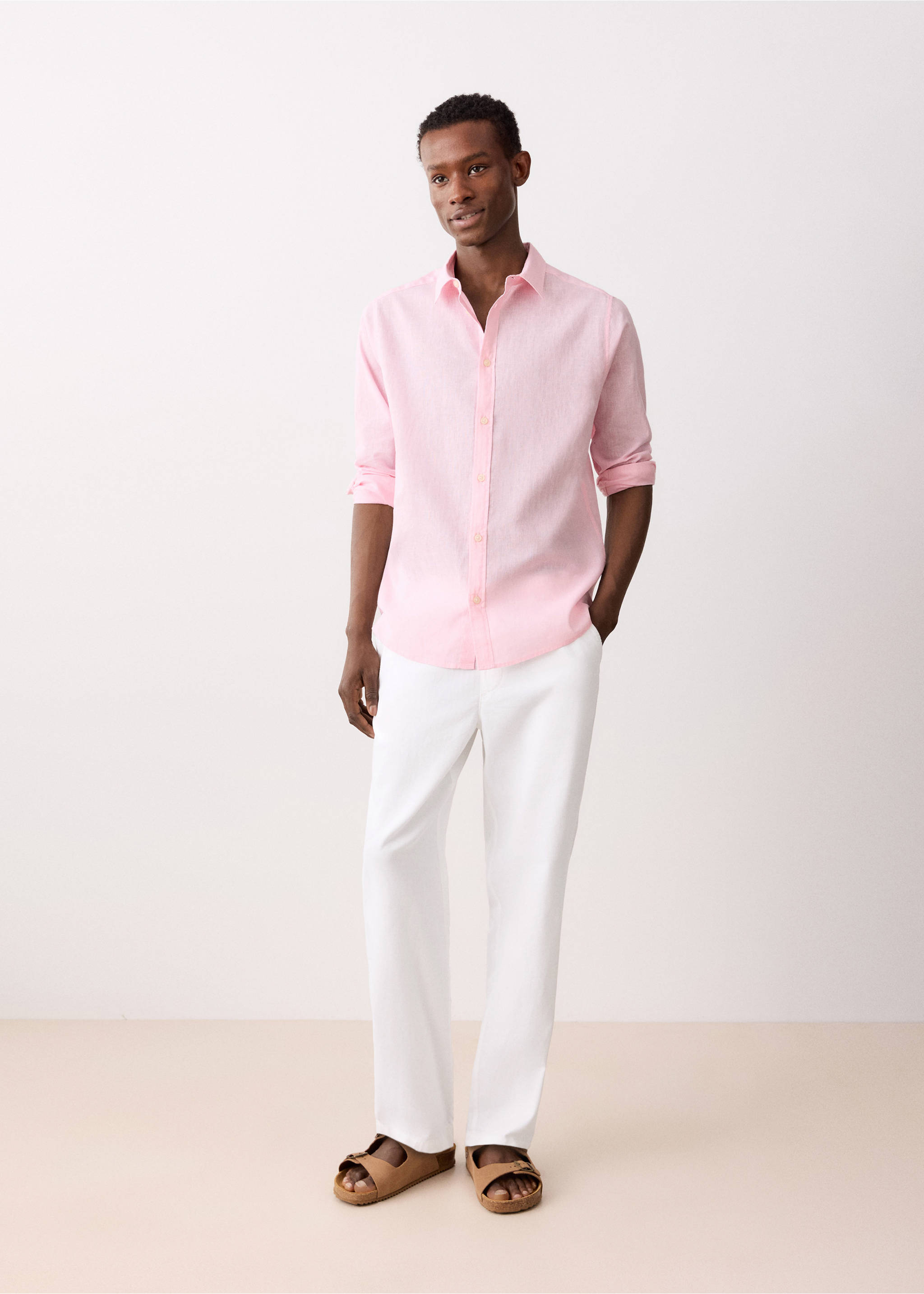 Camisa lino botones - Plano general, Rosa. Ref: 27024054-00.