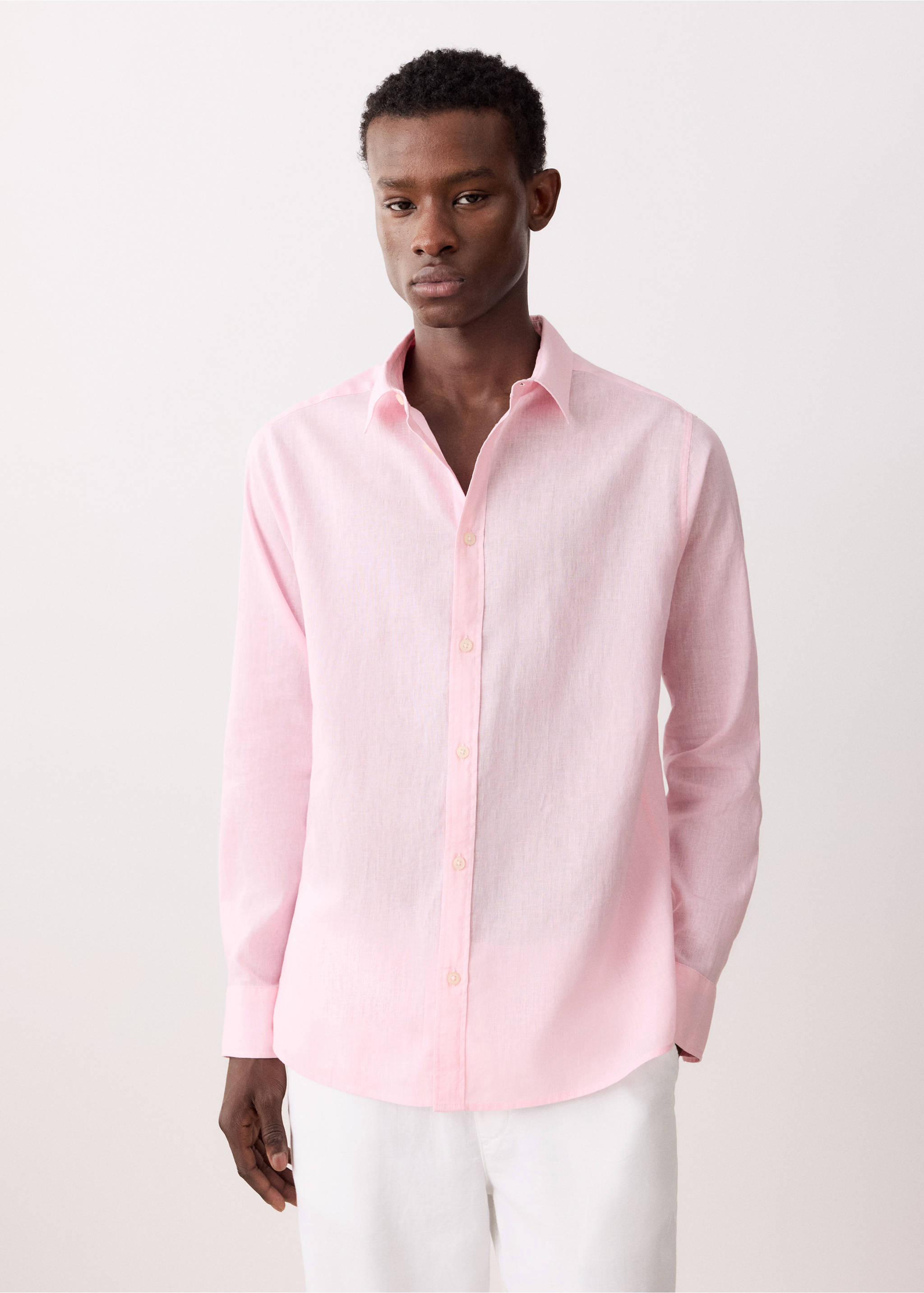 Camisa lino botones - Plano medio, Rosa. Ref: 27024054-00.