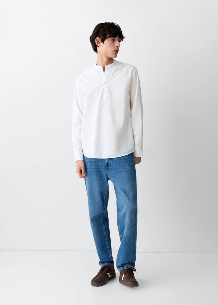 Linen mandarin collar shirt — White