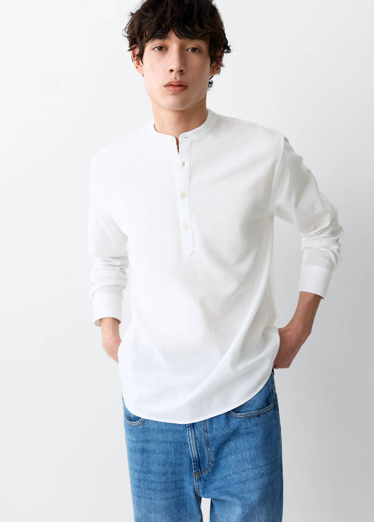 Linen mandarin collar shirt — White