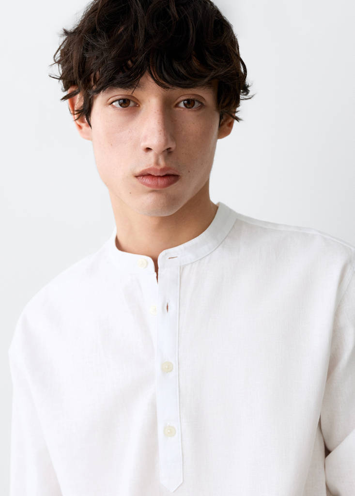 Linen mandarin collar shirt — White