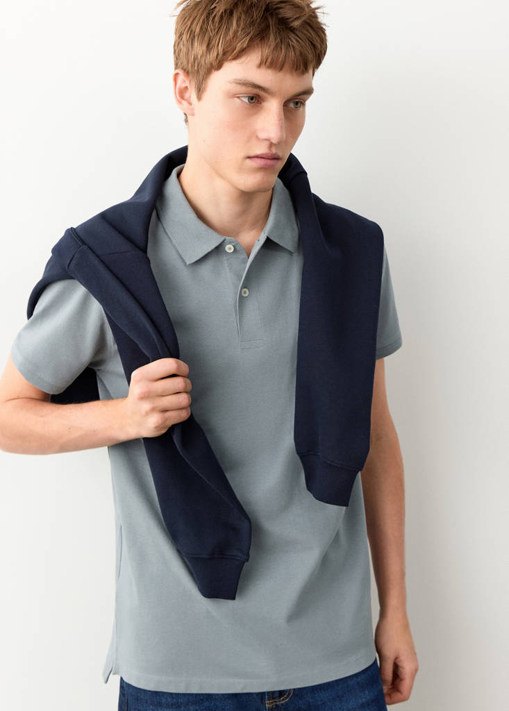 Short-sleeved cotton polo shirt — Blue