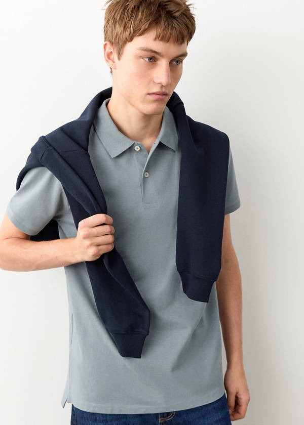 Short-sleeved cotton polo shirt — Blue